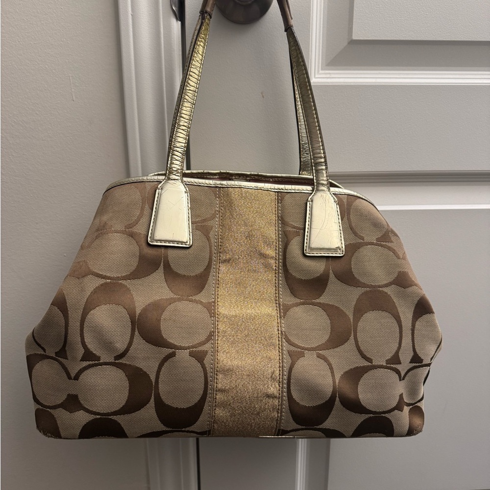 Coach Tan and Gold Signature Handbag